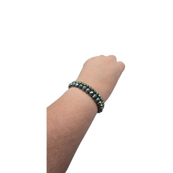 Iridescent Metallic Teal & Gold Fauceted Beads, Stackable Stretch Bracelets - Picture 4 of 7